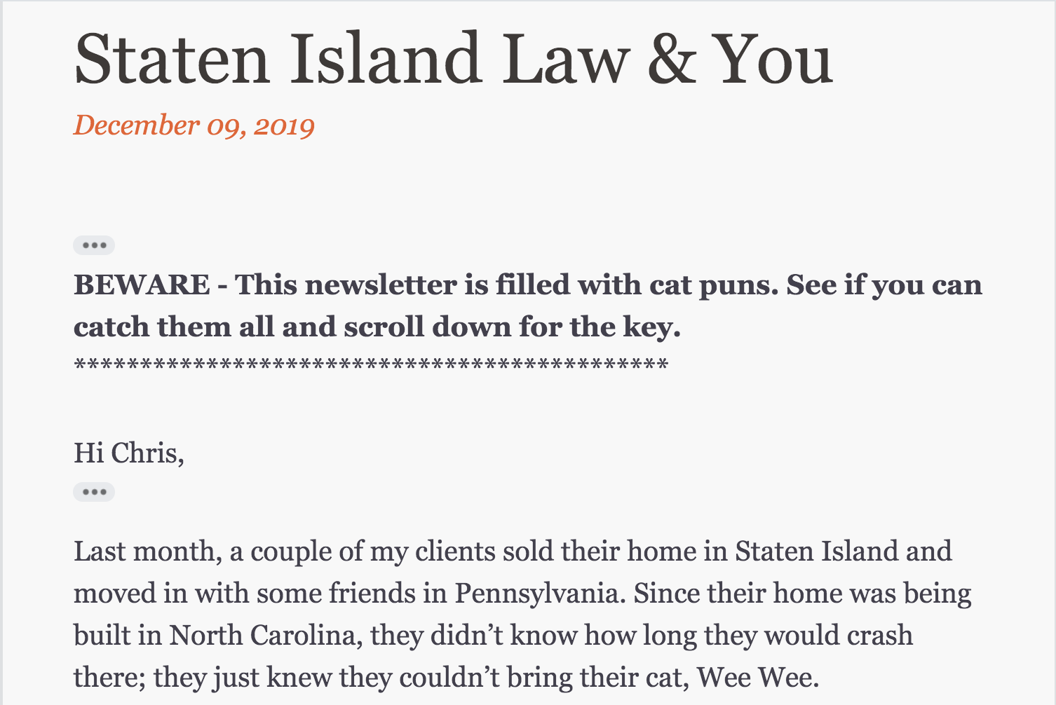 newsletter with cat pun - Travis Staten Island Real Estate Attorney Staten Island Real Estate Attorney 